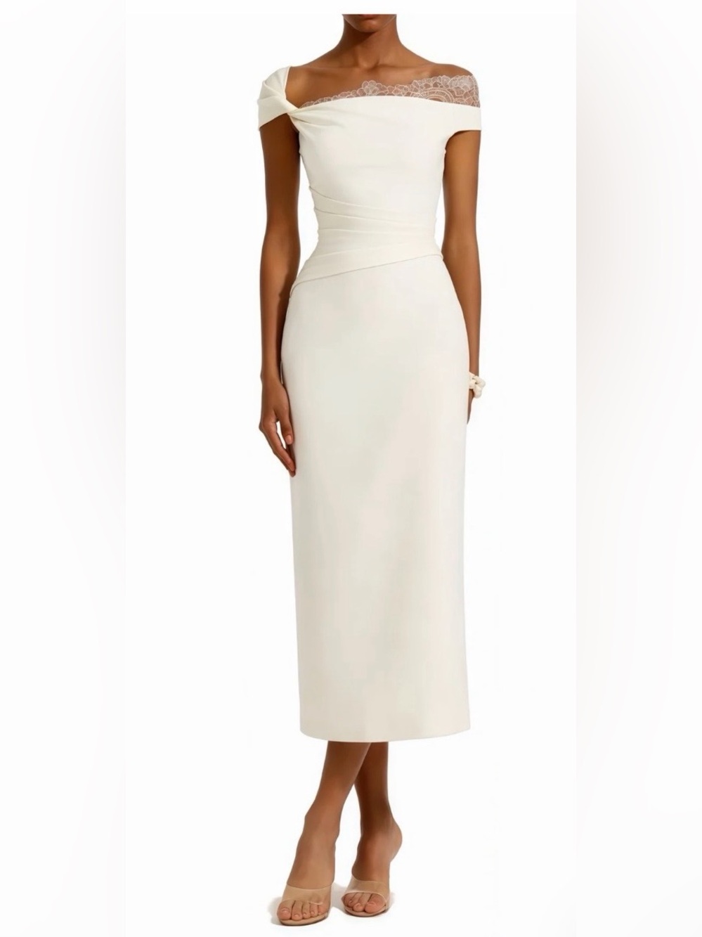 Miss Rosier Roshanak White One Shoulder Midi Dress with Lace Panels